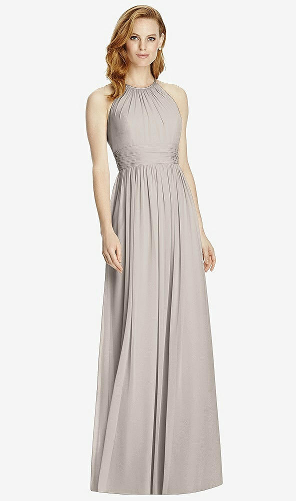Front View - Taupe Cutout Open-Back Shirred Halter Maxi Dress
