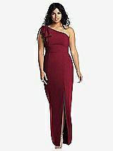 Front View Thumbnail - Burgundy Bowed One-Shoulder Trumpet Gown