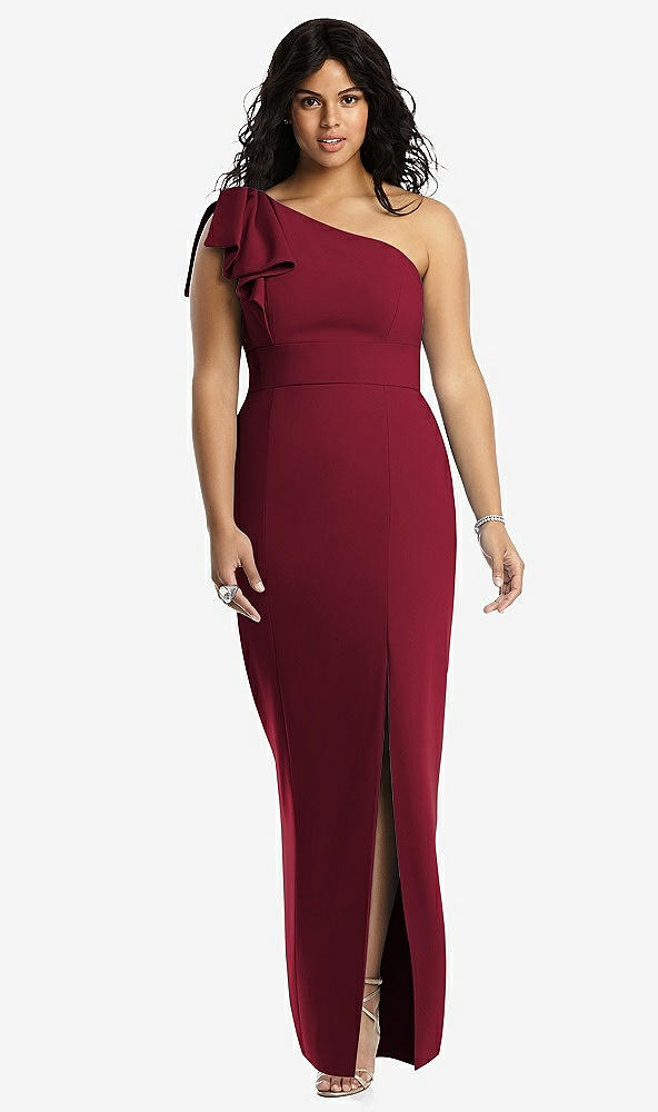 Front View - Burgundy Bowed One-Shoulder Trumpet Gown