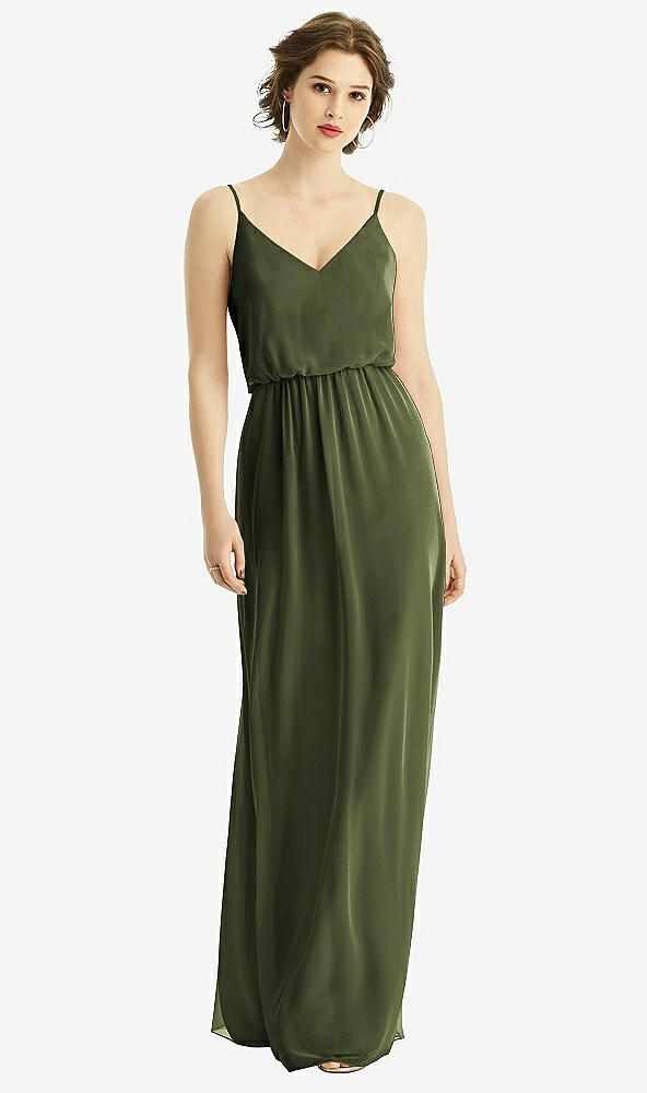 Front View - Olive Green V-Neck Blouson Bodice Chiffon Maxi Dress