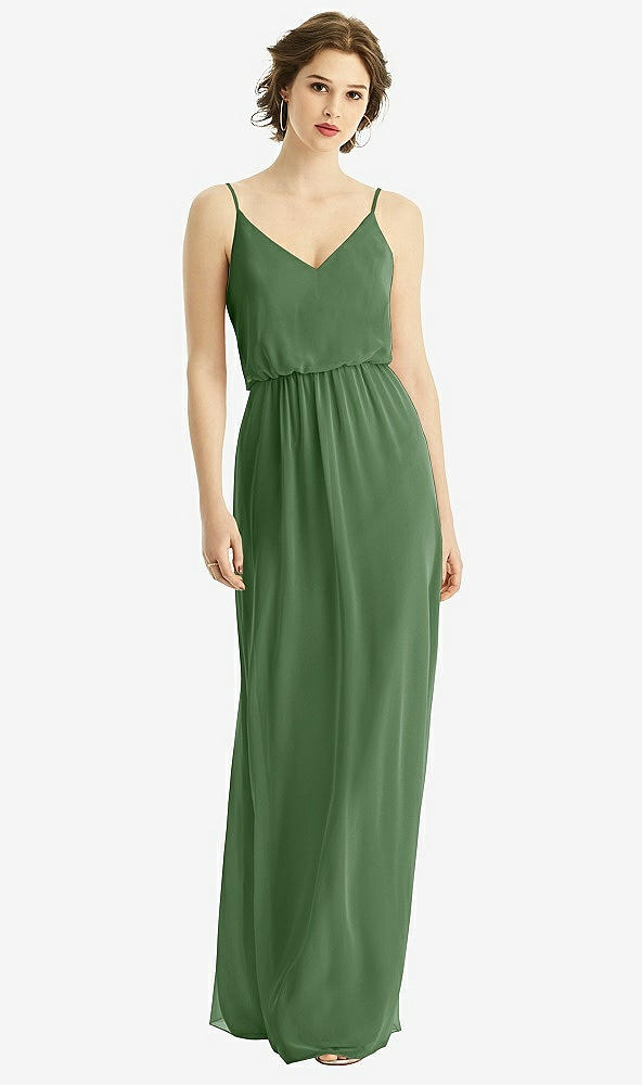 Front View - Vineyard Green V-Neck Blouson Bodice Chiffon Maxi Dress