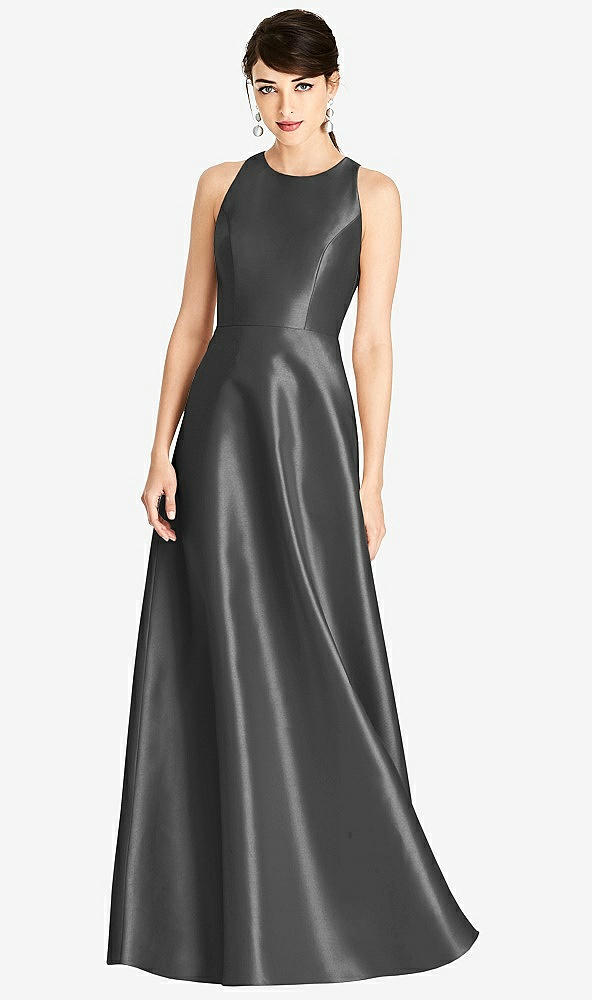 Front View - Pewter Sleeveless Open-Back Satin A-Line Dress