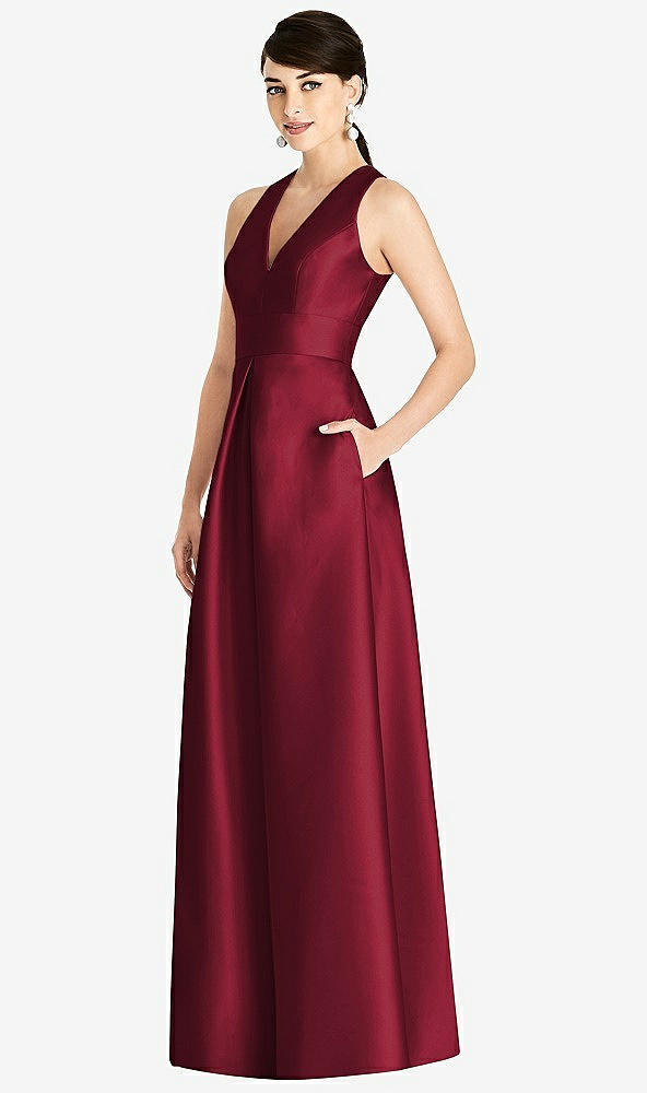 Front View - Burgundy Sleeveless Open-Back Pleated Skirt Dress with Pockets