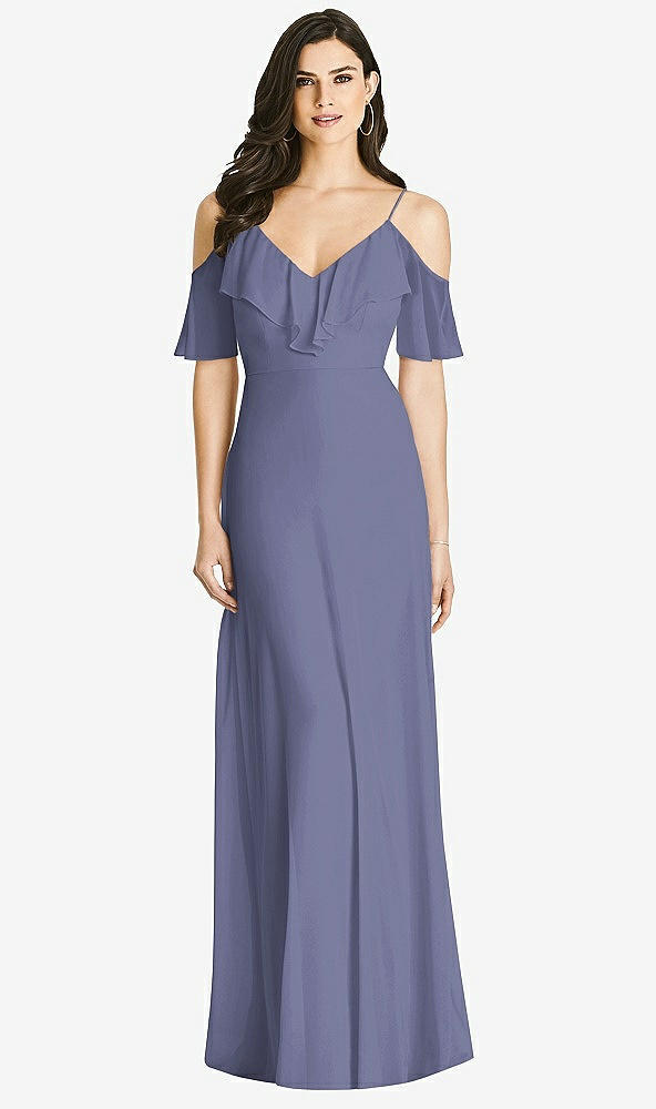 Front View - French Blue Ruffled Cold-Shoulder Chiffon Maxi Dress