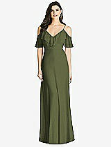 Front View Thumbnail - Olive Green Ruffled Cold-Shoulder Chiffon Maxi Dress