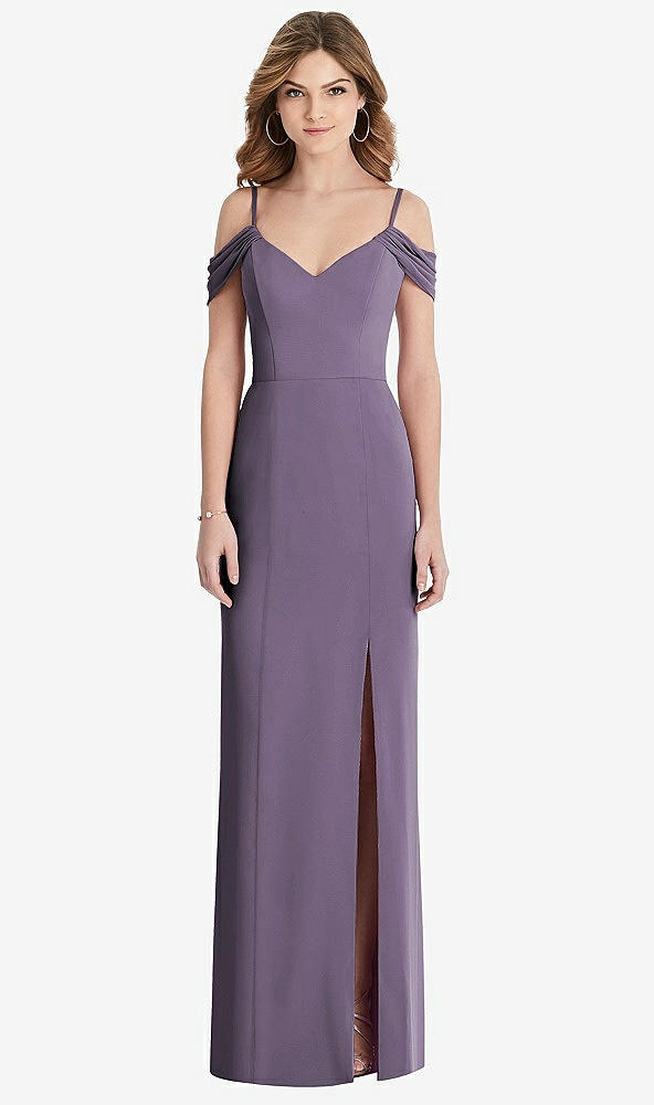 Front View - Lavender Off-the-Shoulder Chiffon Trumpet Gown with Front Slit