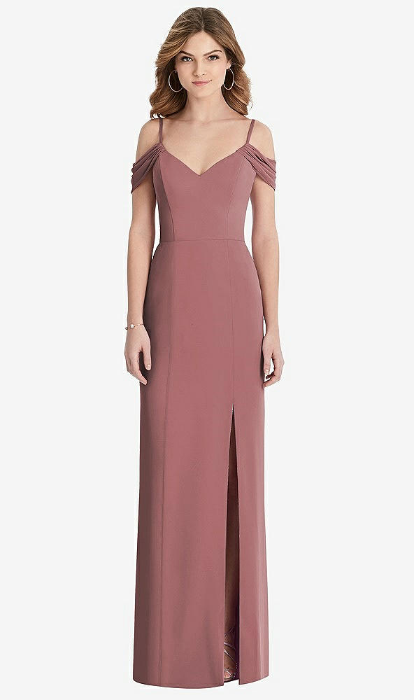 Front View - Rosewood Off-the-Shoulder Chiffon Trumpet Gown with Front Slit