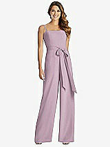 Front View Thumbnail - Suede Rose Spaghetti Strap Crepe Jumpsuit with Sash - Alana 