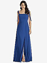 Front View Thumbnail - Classic Blue Tie-Shoulder Chiffon Maxi Dress with Front Slit