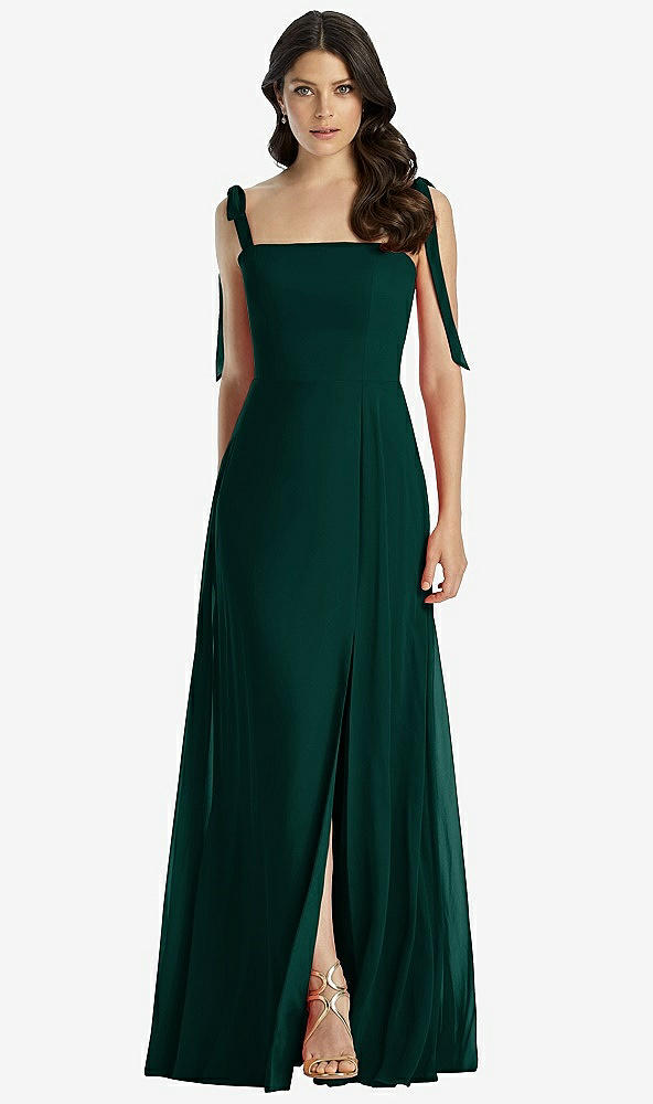 Front View - Evergreen Tie-Shoulder Chiffon Maxi Dress with Front Slit