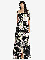 Front View Thumbnail - Noir Garden Tie-Shoulder Chiffon Maxi Dress with Front Slit