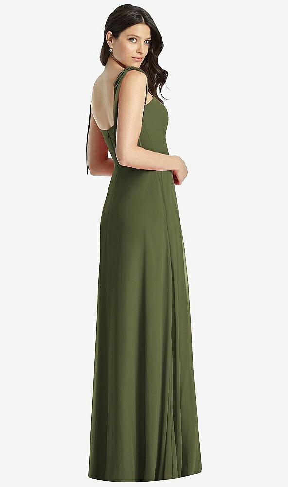 Back View - Olive Green Tie-Shoulder Chiffon Maxi Dress with Front Slit
