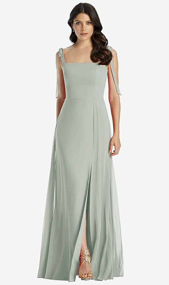 Front View - Willow Green Tie-Shoulder Chiffon Maxi Dress with Front Slit