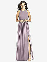 Front View Thumbnail - Lilac Dusk Shirred Skirt Jewel Neck Halter Dress with Front Slit