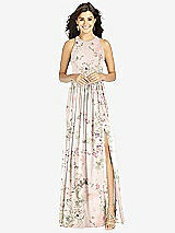 Front View Thumbnail - Blush Garden Shirred Skirt Jewel Neck Halter Dress with Front Slit