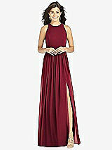 Front View Thumbnail - Burgundy Shirred Skirt Jewel Neck Halter Dress with Front Slit