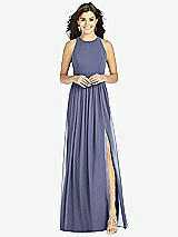 Front View Thumbnail - French Blue Shirred Skirt Jewel Neck Halter Dress with Front Slit