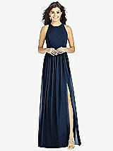 Front View Thumbnail - Midnight Navy Shirred Skirt Jewel Neck Halter Dress with Front Slit