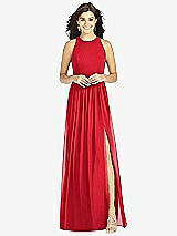 Front View Thumbnail - Parisian Red Shirred Skirt Jewel Neck Halter Dress with Front Slit