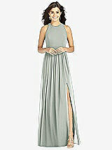Front View Thumbnail - Willow Green Shirred Skirt Jewel Neck Halter Dress with Front Slit