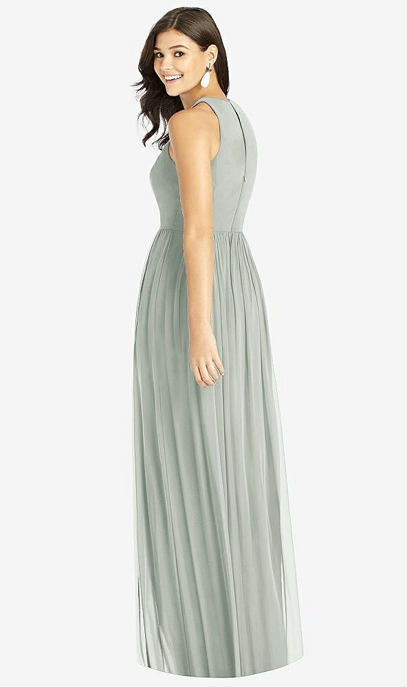 Back View - Willow Green Shirred Skirt Jewel Neck Halter Dress with Front Slit