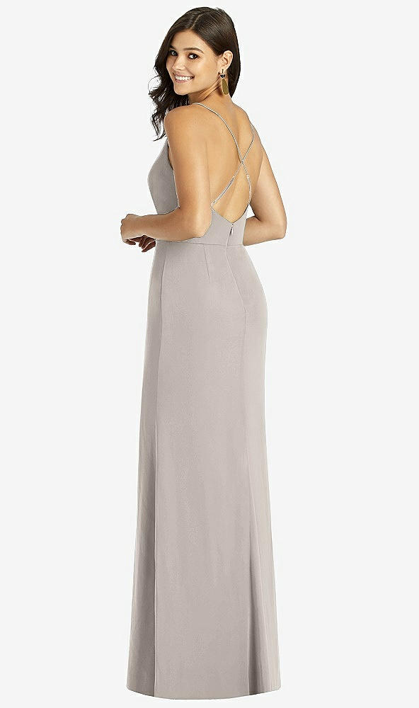 Back View - Taupe Criss Cross Back Mermaid Wrap Dress