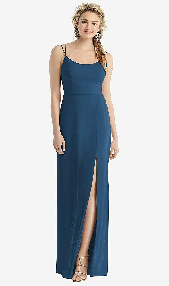 Back View - Dusk Blue Cowl-Back Double Strap Maxi Dress with Side Slit