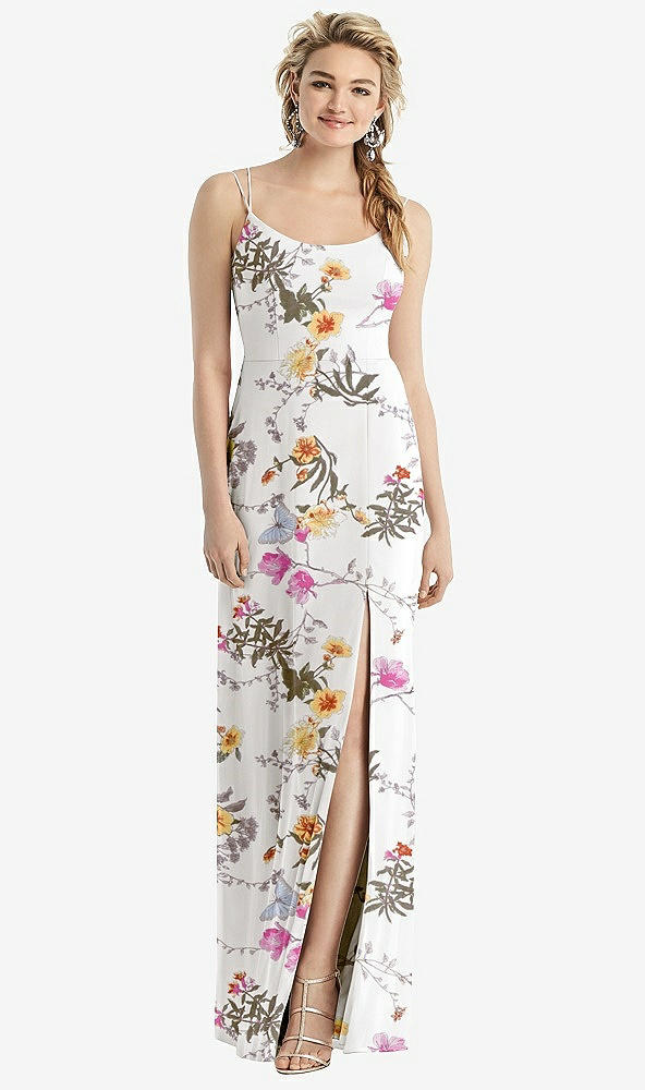 Back View - Butterfly Botanica Ivory Cowl-Back Double Strap Maxi Dress with Side Slit