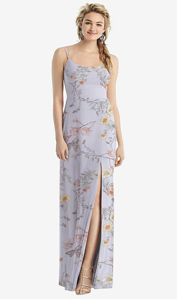 Back View - Butterfly Botanica Silver Dove Cowl-Back Double Strap Maxi Dress with Side Slit