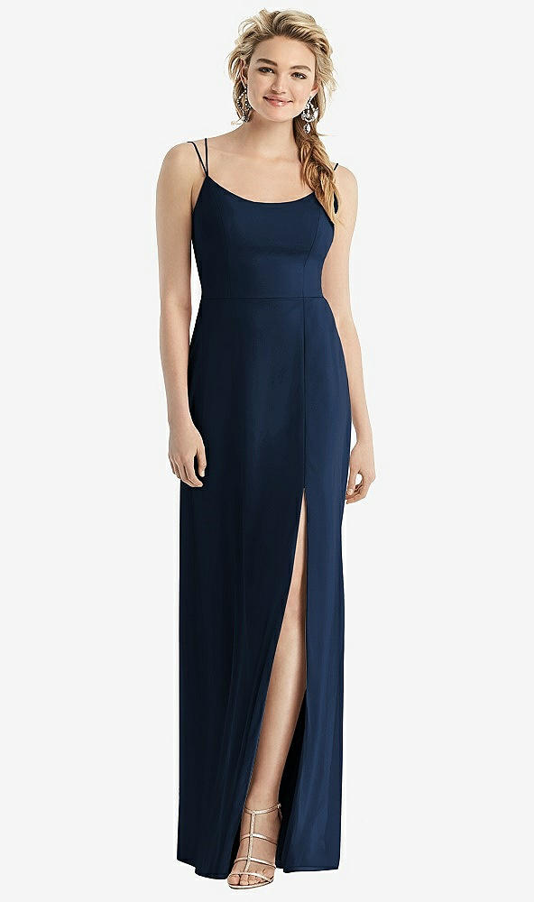 Back View - Midnight Navy Cowl-Back Double Strap Maxi Dress with Side Slit