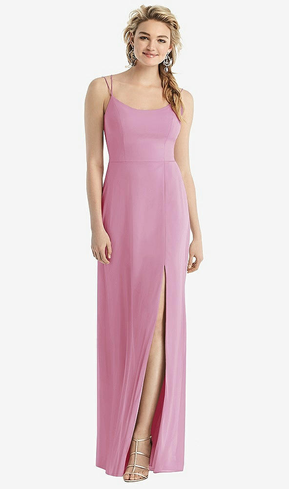 Back View - Powder Pink Cowl-Back Double Strap Maxi Dress with Side Slit