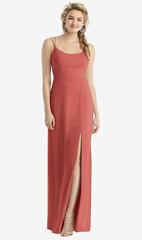 Back View - Coral Pink Cowl-Back Double Strap Maxi Dress with Side Slit