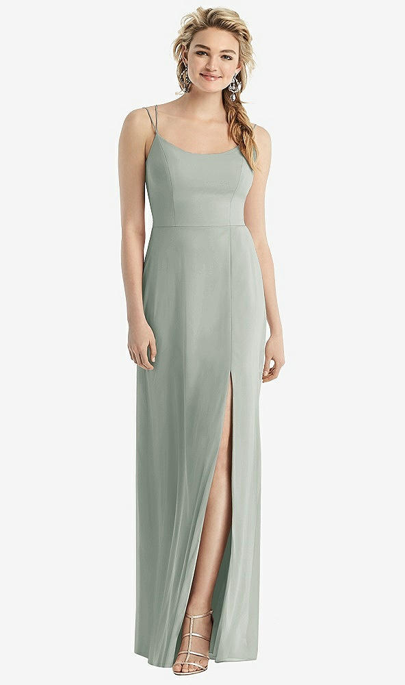 Back View - Willow Green Cowl-Back Double Strap Maxi Dress with Side Slit