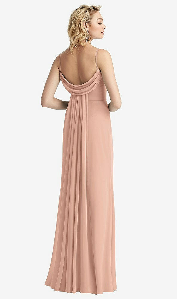 Front View - Pale Peach Shirred Sash Cowl-Back Chiffon Trumpet Gown