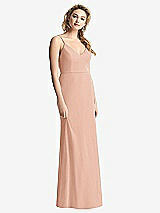 Rear View Thumbnail - Pale Peach Shirred Sash Cowl-Back Chiffon Trumpet Gown