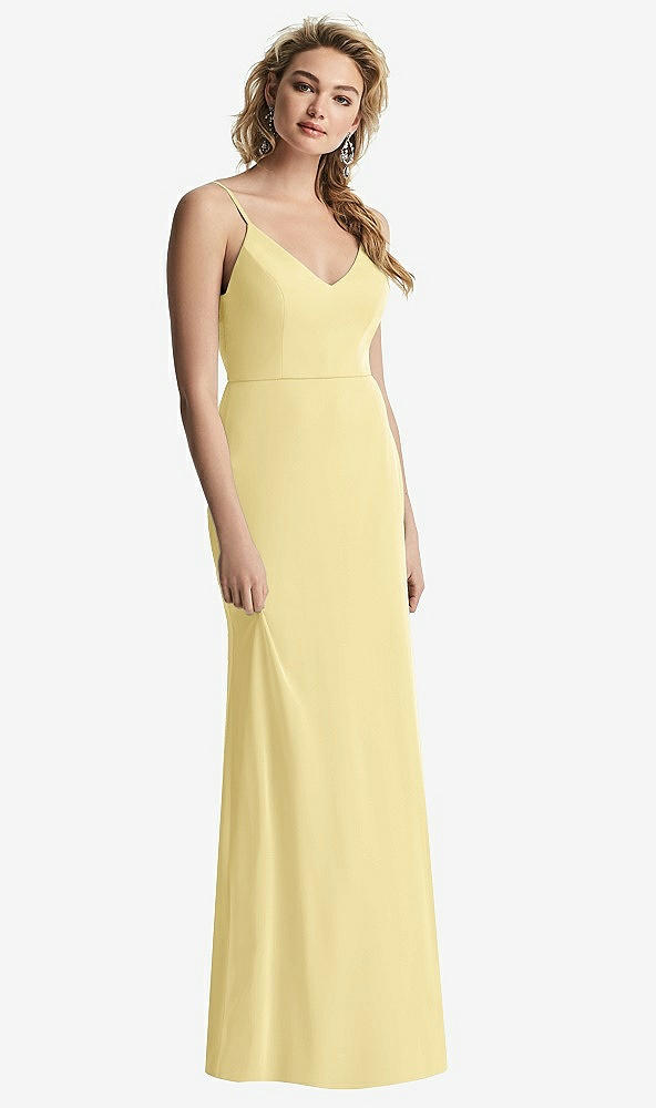 Back View - Pale Yellow Shirred Sash Cowl-Back Chiffon Trumpet Gown