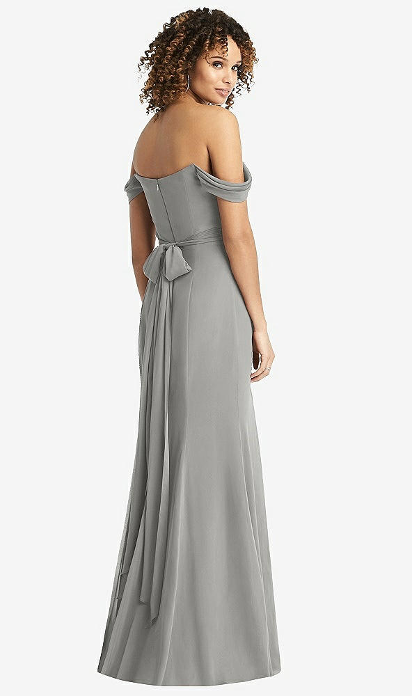 Back View - Chelsea Gray Off-the-Shoulder Criss Cross Bodice Trumpet Gown