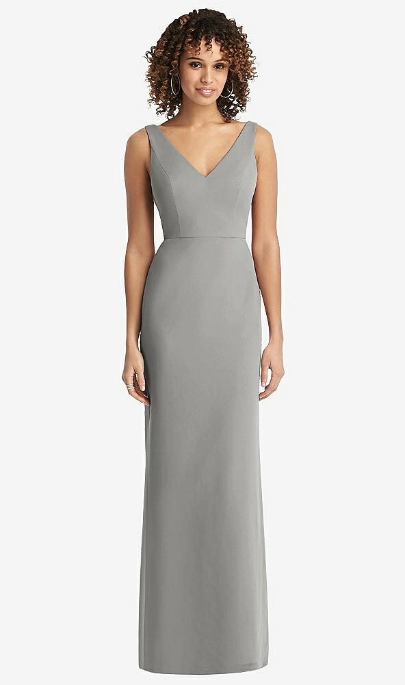 Back View - Chelsea Gray Sleeveless Tie Back Chiffon Trumpet Gown