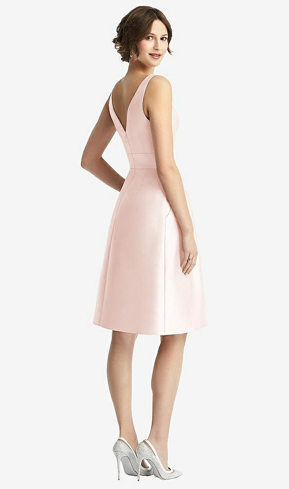 Back View - Blush V-Neck Pleated Skirt Cocktail Dress with Pockets