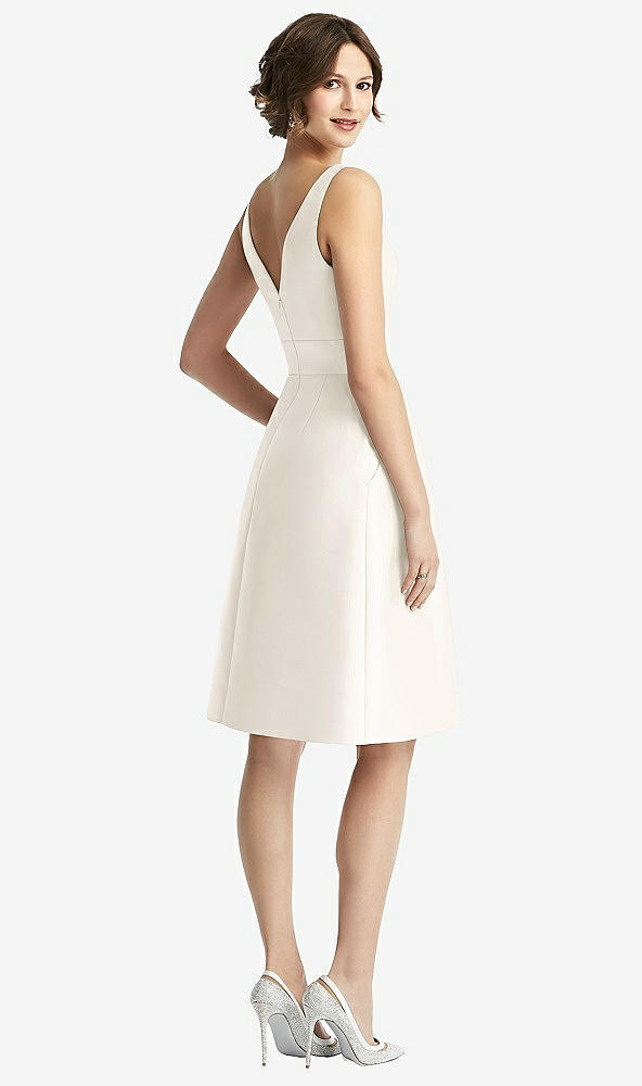 Back View - Ivory V-Neck Pleated Skirt Cocktail Dress with Pockets