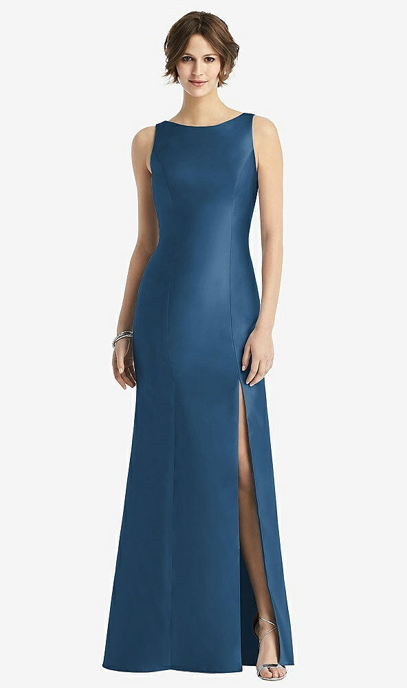 Front View - Dusk Blue Sleeveless Satin Trumpet Gown with Bow at Open-Back