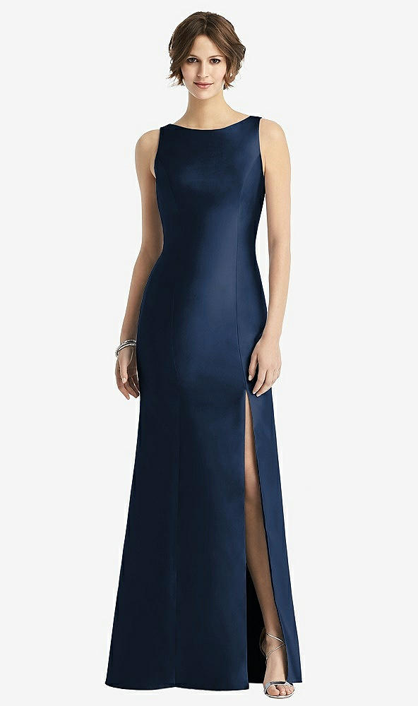 Front View - Midnight Navy Sleeveless Satin Trumpet Gown with Bow at Open-Back