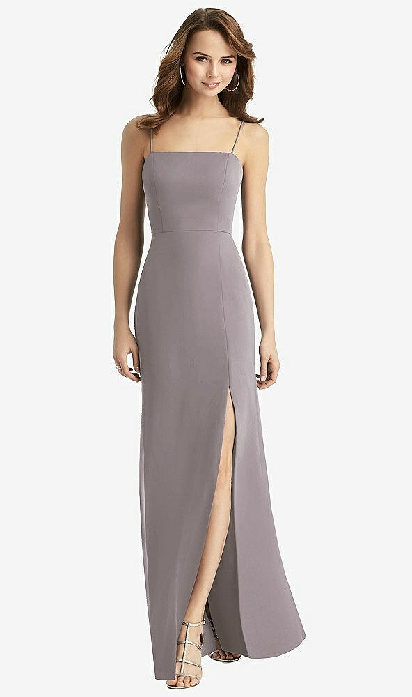 Back View - Cashmere Gray Tie-Back Cutout Trumpet Gown with Front Slit