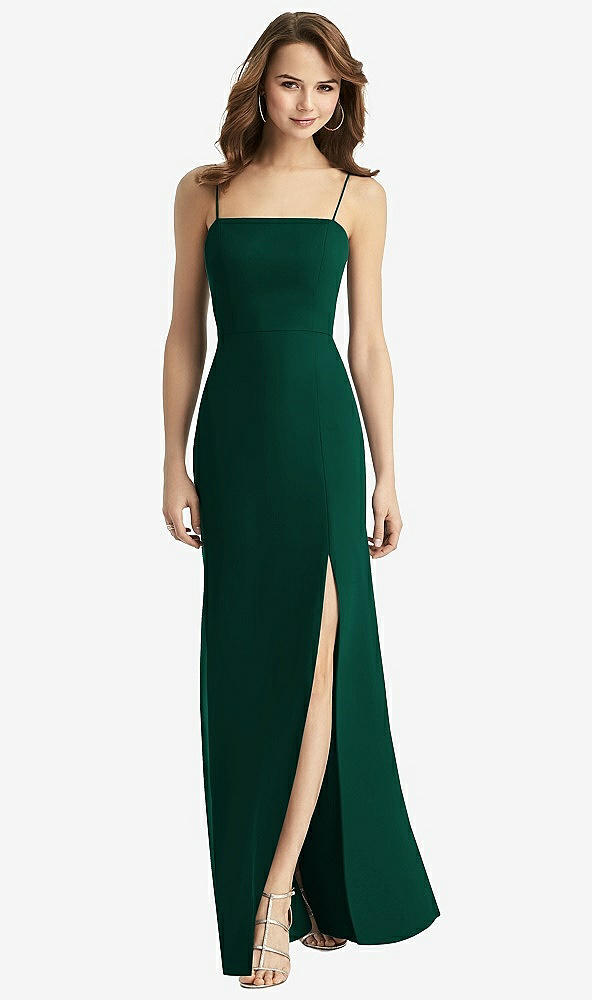 Back View - Hunter Green Tie-Back Cutout Trumpet Gown with Front Slit