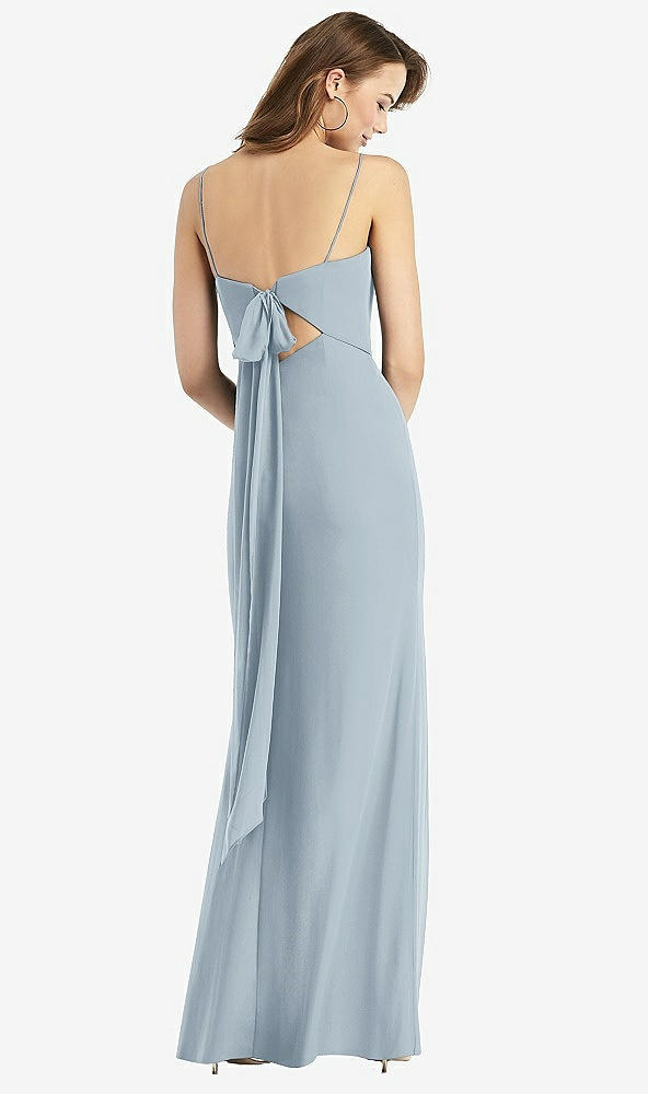 Front View - Mist Tie-Back Cutout Trumpet Gown with Front Slit