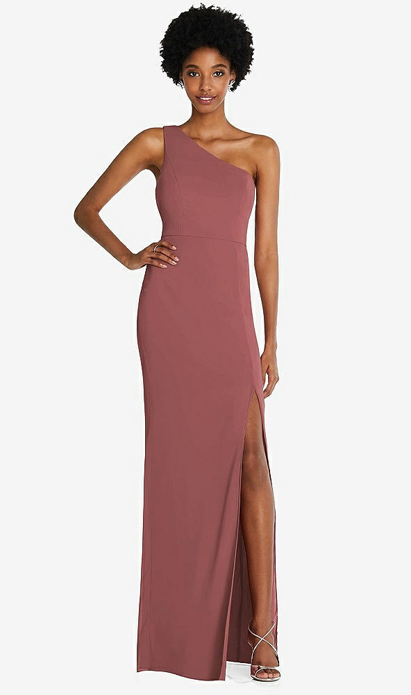 Front View - English Rose One-Shoulder Chiffon Trumpet Gown
