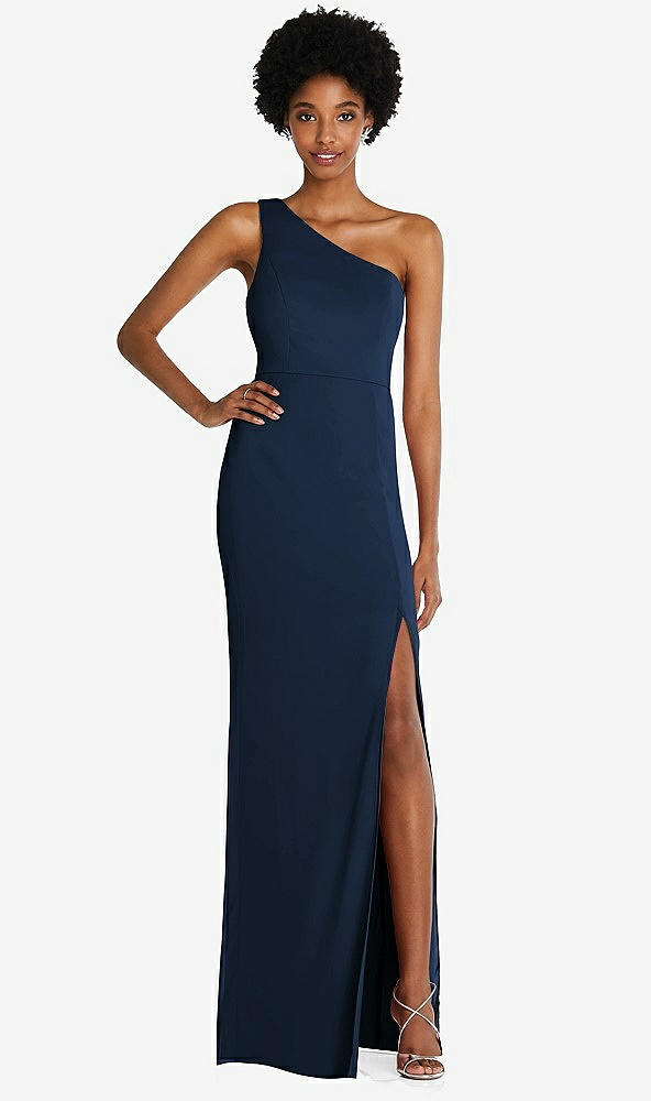 Front View - Midnight Navy One-Shoulder Chiffon Trumpet Gown