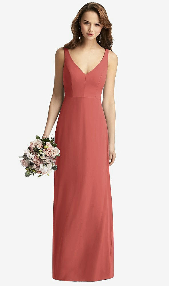 Front View - Coral Pink Sleeveless V-Back Long Trumpet Gown