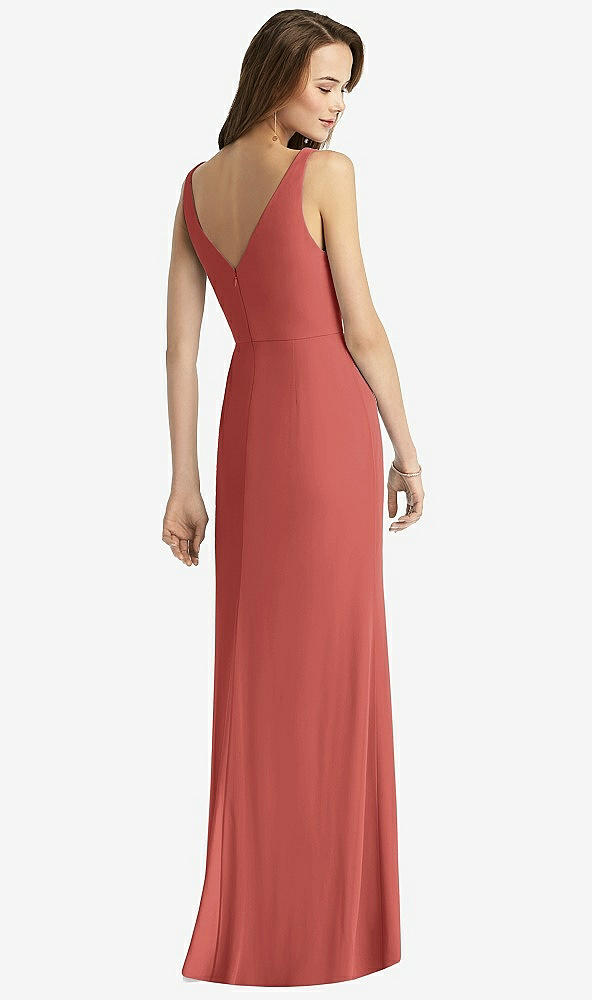 Back View - Coral Pink Sleeveless V-Back Long Trumpet Gown