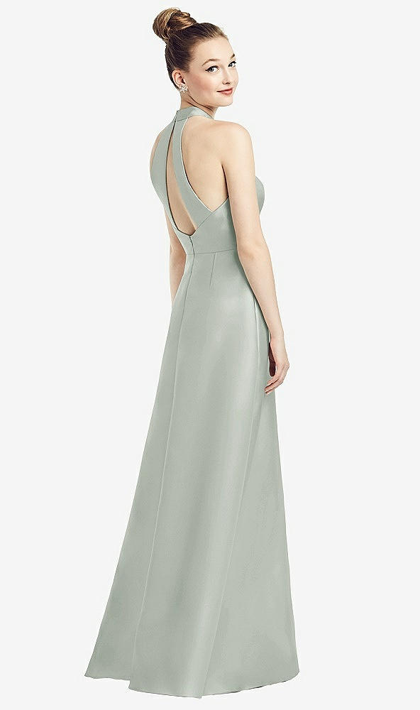 Front View - Willow Green High-Neck Cutout Satin Dress with Pockets